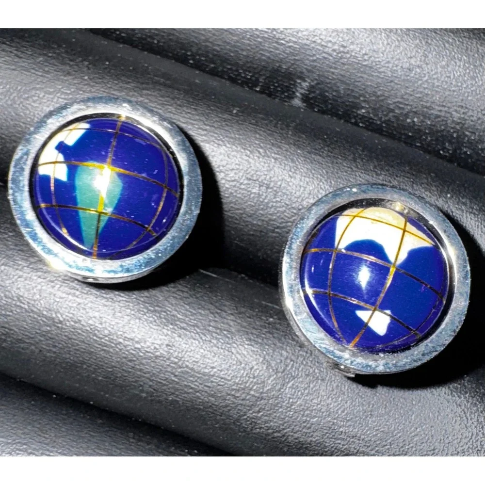 Vintage Silver Tone Blue Globe Cufflinks World Map Travel Theme Mens Jewelry